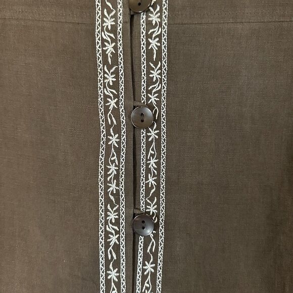 dressbarn Women Button Up Shirt Size 20W Brown Silk Linen Floral Embroidery Boho - Picture 8 of 13